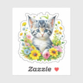 Sticker Cute Aquarelle Kitten en Fleurs (Feuille)
