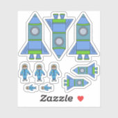 Sticker Cute Astronaut Rocket Bleu Vert Dessin Enfants (Feuille)