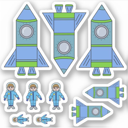 Sticker Cute Astronaut Rocket Bleu Vert Dessin Enfants (Devant)