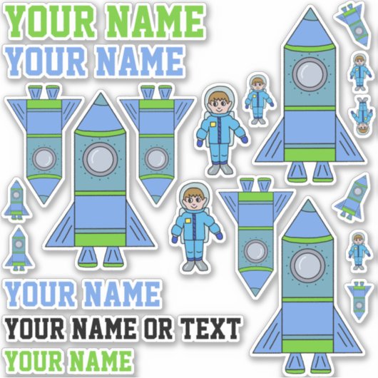 Sticker Cute Astronaut Rocket Bleu Vert Dessin Enfants (Devant)