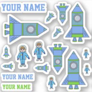 Sticker Cute Astronaut Rocket Blue Green Dessin Enfants St