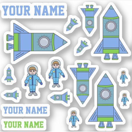 Sticker Cute Astronaut Rocket Blue Green Dessin Enfants St (Devant)