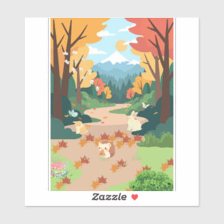 Sticker Cute Autumn Forest Animals Cozy Landscape Art Post