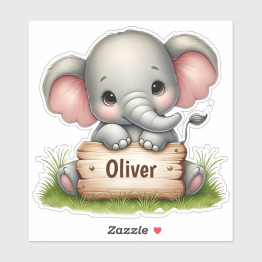 Sticker Cute Baby Elephant Holding a Name Sign (Feuille)