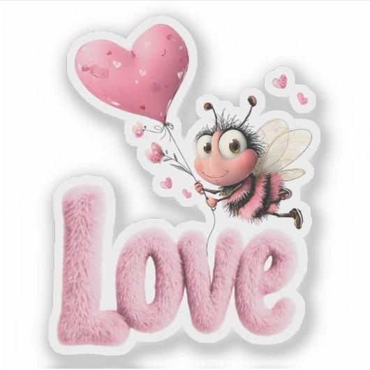 Sticker Cute Bee Fluffy Pink Love Heart Balloon Design (Devant)