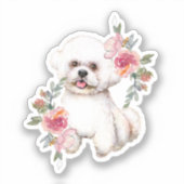 Sticker Cute Bichon Frise avec Fleurs Aquarelle Art (Recto)