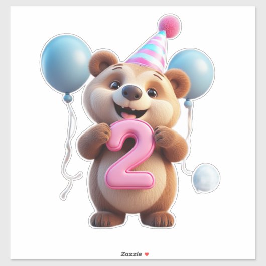 Sticker Cute Birthday Bear With Party Hat And Balloons (Feuille)