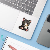 Sticker Cute Black Cat with Coffee (Ordinateur portable avec iPhone)