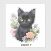 Sticker Cute Black Chat Floral Whimsical (Feuille)