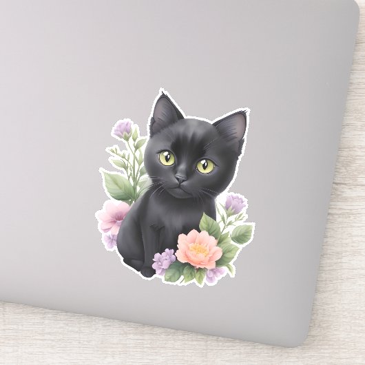 Sticker Cute Black Chat Floral Whimsical (Détail)