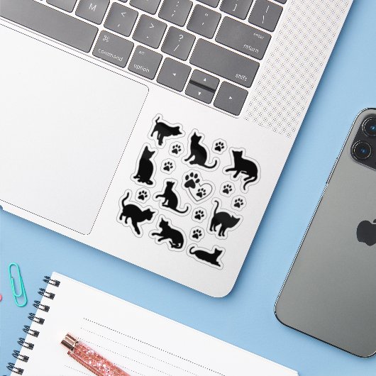 Sticker Cute Black Silhouette Chat et ensemble Empreinte d (Ordinateur portable avec iPhone)