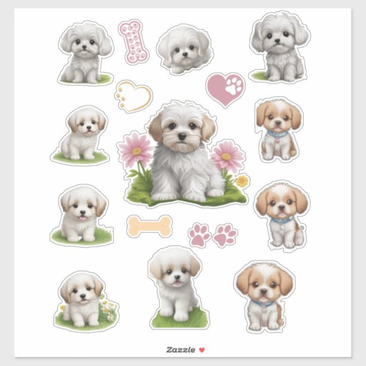 Sticker Cute Blanc et Tan Chiots Fleurs Coeurs (Feuille)