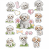Sticker Cute Blanc et Tan Chiots Fleurs Coeurs (Devant)