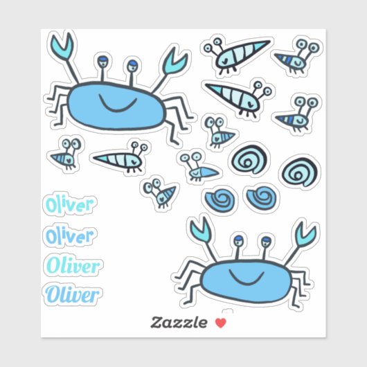 Sticker Cute Blue Crab Sea Animaux Nom du garçon (Feuille)