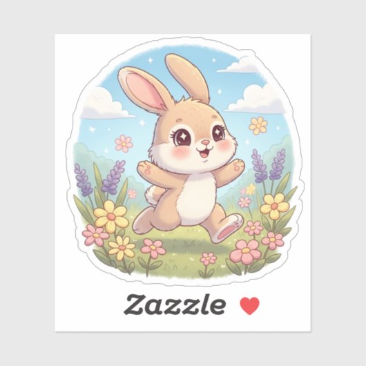 Sticker Cute Bunny Hopping in a Flower Field (Feuille)