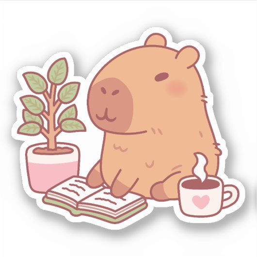 Sticker Cute Capybara Profitant D'Une Bonne Lecture Et Caf (Devant)