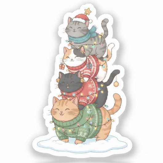 Sticker Cute Cat Illustration Art, Kawaii Cat Stack Design (Recto)