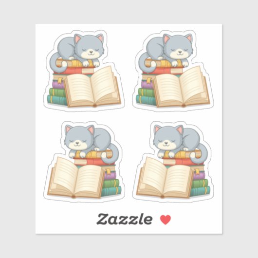 Sticker Cute Cat on top of a Book Stack, Set of 4 (Feuille)