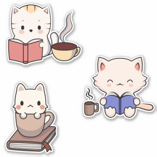 Sticker Cute Cats Lecture Livres et Boire Café (Devant)