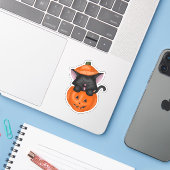 Sticker Cute chat noir dans un Citrouille (Ordinateur portable avec iPhone)