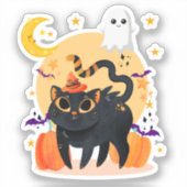 Sticker Cute Chat noir et Ghost Halloween Vinyl coupé (Recto)
