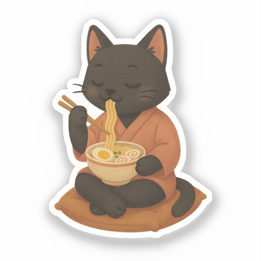 Sticker Cute chat noir manger Ramen (Recto)