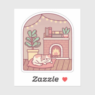 Sticker Cute Chat Se Chauffant Et Cosy Devant Firepla