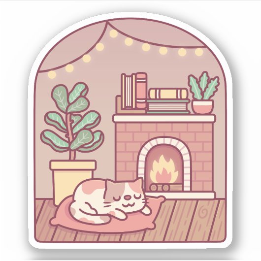 Sticker Cute Chat Se Chauffant Et Cosy Devant Firepla (Devant)