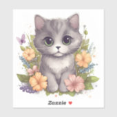 Sticker Cute chaton gris avec fleurs de printemps (Feuille)