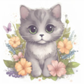 Sticker Cute chaton gris avec fleurs de printemps (Devant)