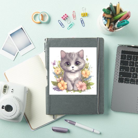 Sticker Cute chaton gris avec fleurs de printemps (Couverture iPad)