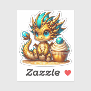 Sticker Cute Chibi Gold et Blue Dragon avec Cupcake