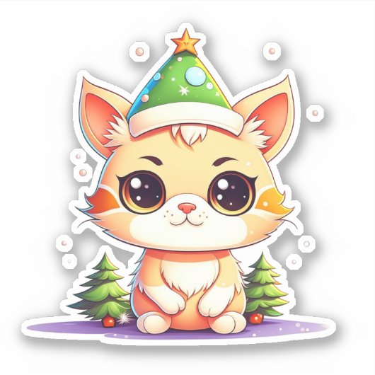 Sticker Cute Chibi Kawaii Dessin de Noël Kitty Chat (Devant)