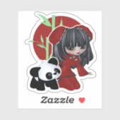 Sticker Cute Chinoise Fille Avec Panda Et Bambou (Feuille)