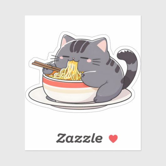 Sticker Cute Chubby Cat Enjoying Ramen Noodles (Feuille)