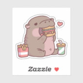 Sticker Cute Chubby Pygmy Hippo Aime Manger Burger (Feuille)