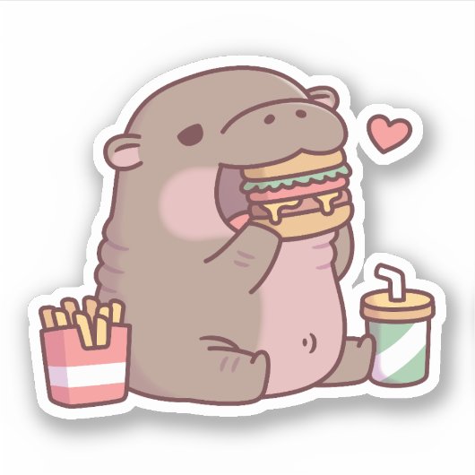 Sticker Cute Chubby Pygmy Hippo Aime Manger Burger (Devant)