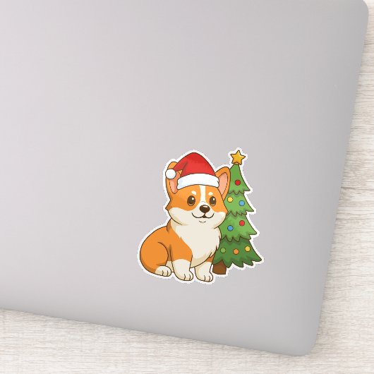 Sticker Cute Corgi Dog in a Red Hat with Christmas Tree (Détail)