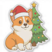 Sticker Cute Corgi Dog in a Red Hat with Christmas Tree (Devant)