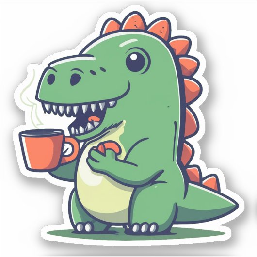 Sticker Cute Dinosaur tenant une coupe de café (Devant)