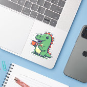 Sticker Cute Dinosaur tenant une coupe de café (Ordinateur portable avec iPhone)