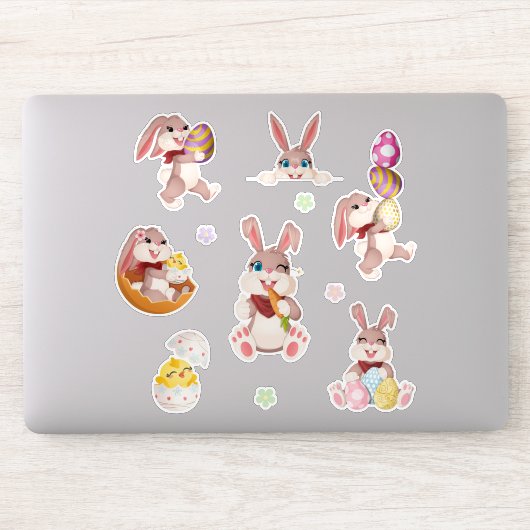 Sticker Cute Easter Bunny, Chick, Eggs & Floral Colorful (Ordinateur)