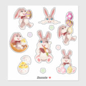 Sticker Cute Easter Bunny, Chick, Eggs & Floral Colorful (Feuille)