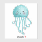 Sticker Cute et amusante méduse bleu-vert (Feuille)