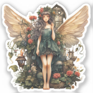 Sticker Cute Fairy Girl in Floral Garden