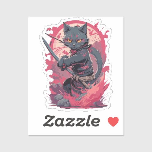 Sticker Cute Fire Splash Noir Ninja Chat Guerrier (Feuille)