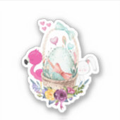 Sticker Cute Flamant rose rose lapin blanc et oeuf (Devant)