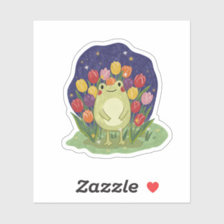 Sticker Cute Frog in a Tulip Garden at Night Illustration