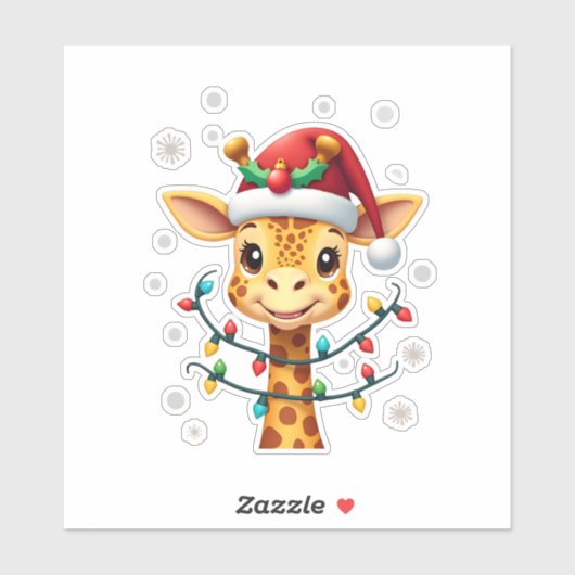 Sticker Cute Giraffe Christmas Lights Santa Hat Xmas Pajam (Feuille)