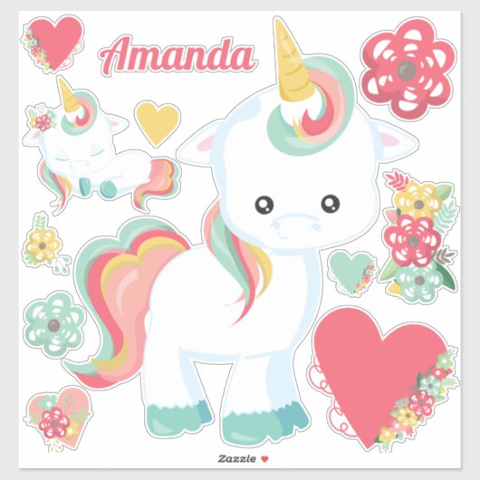 Sticker Cute Girly Unicorn Coeurs Floral (Feuille)